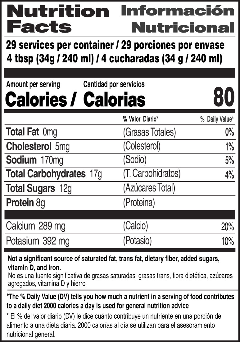 Non-Fat Milk Powder nutrition facts label in English and Spanish