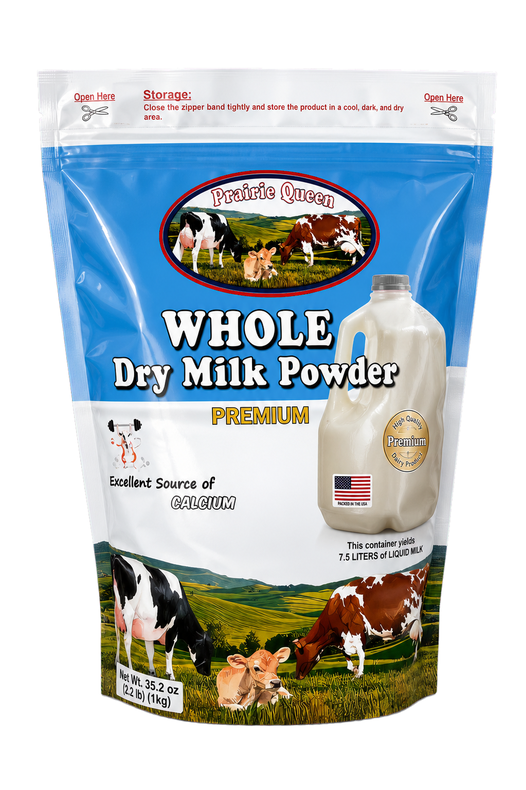 Prairie Queen whole milk powder pack in English
