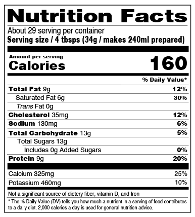 Whole Milk Powder nutrition facts label
