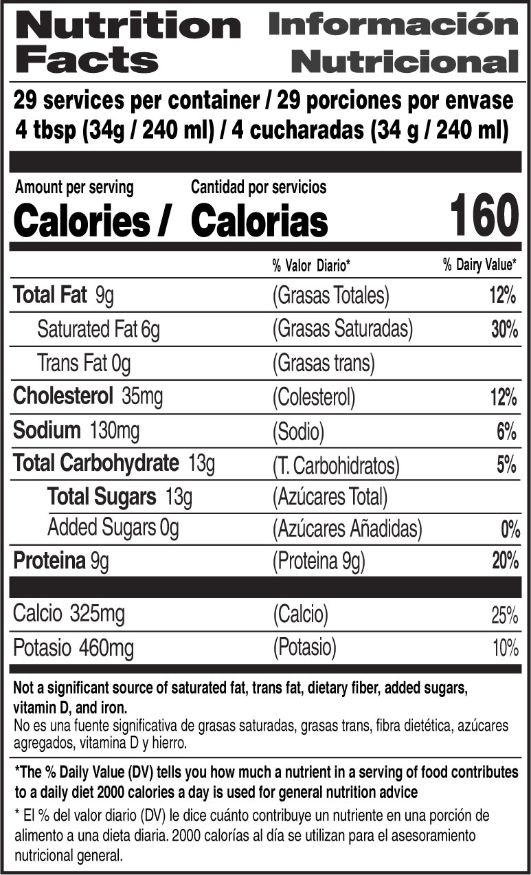 Whole Milk Powder nutrition facts label in English and Spanish